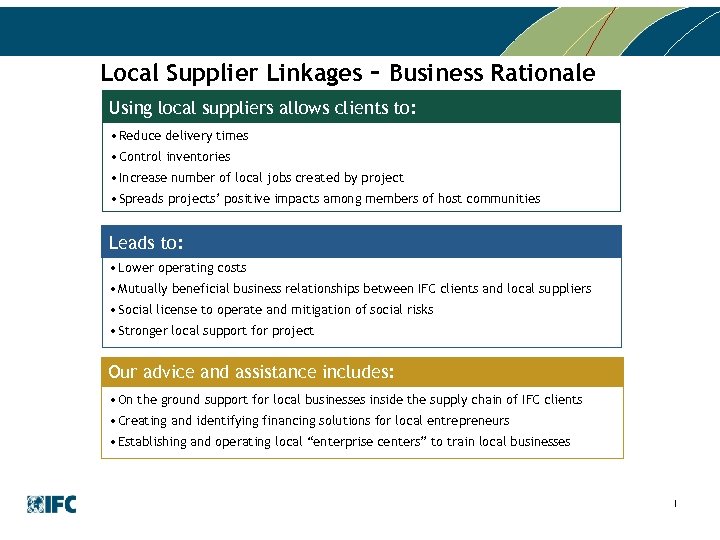 Local Supplier Linkages – Business Rationale Using local suppliers allows clients to: • Reduce
