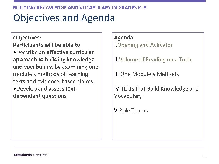 BUILDING KNOWLEDGE AND VOCABULARY IN GRADES K– 5 Objectives and Agenda Objectives: Participants will