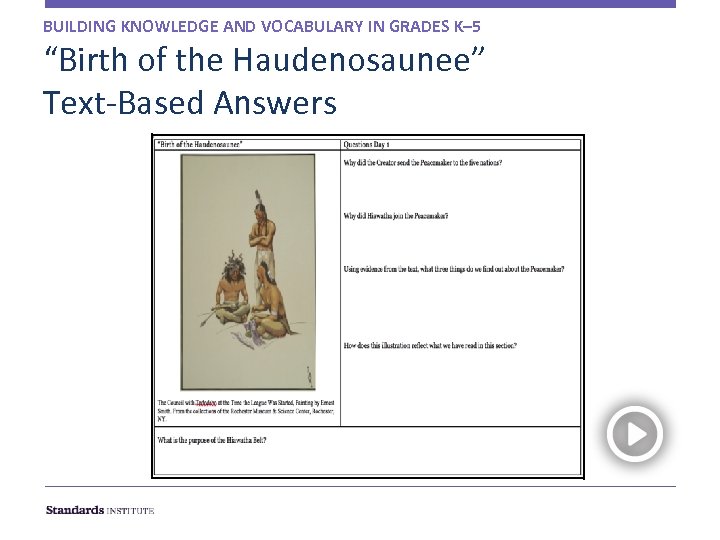 BUILDING KNOWLEDGE AND VOCABULARY IN GRADES K– 5 “Birth of the Haudenosaunee” Text-Based Answers