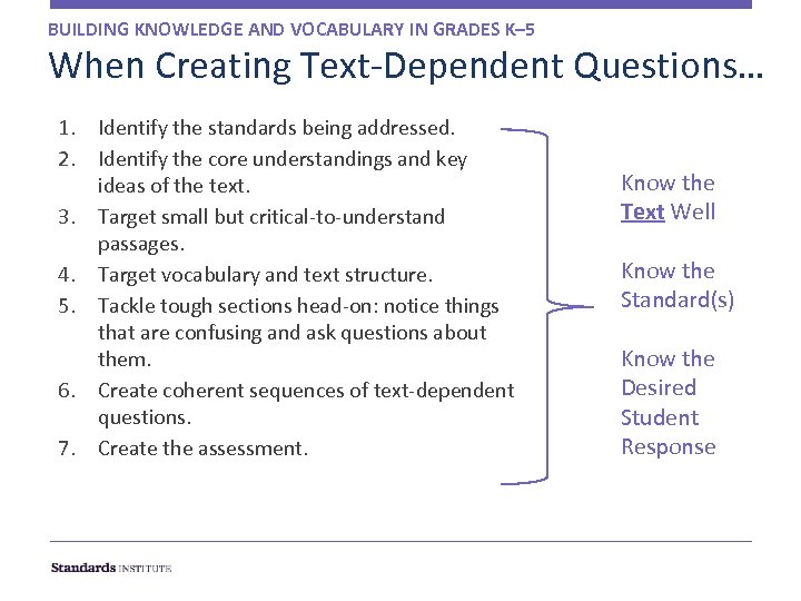 BUILDING KNOWLEDGE AND VOCABULARY IN GRADES K– 5 When Creating Text-Dependent Questions… 1. Identify