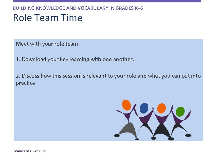 BUILDING KNOWLEDGE AND VOCABULARY IN GRADES K– 5 Role Team Time Meet with your
