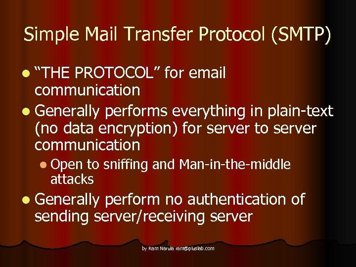 Simple Mail Transfer Protocol (SMTP) l “THE PROTOCOL” for email communication l Generally performs