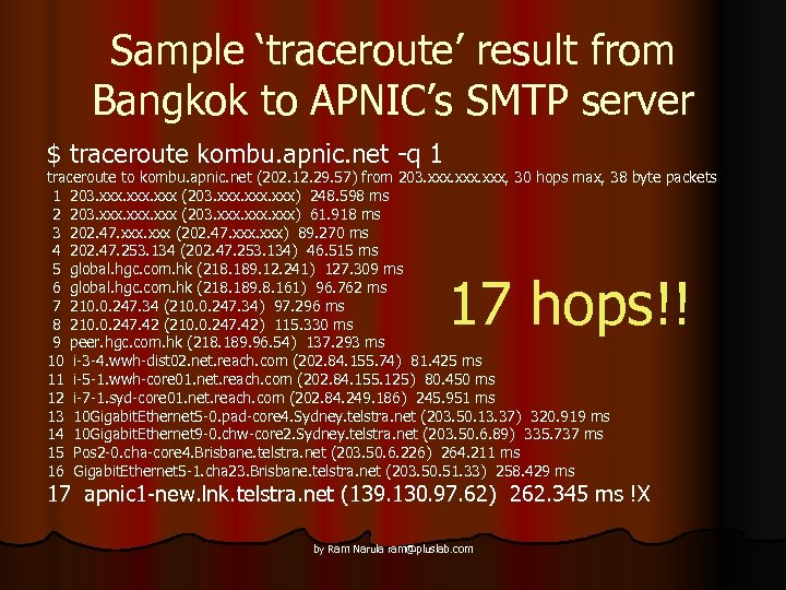 Sample ‘traceroute’ result from Bangkok to APNIC’s SMTP server $ traceroute kombu. apnic. net