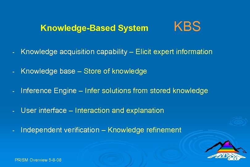 Knowledge-Based System KBS - Knowledge acquisition capability – Elicit expert information - Knowledge base