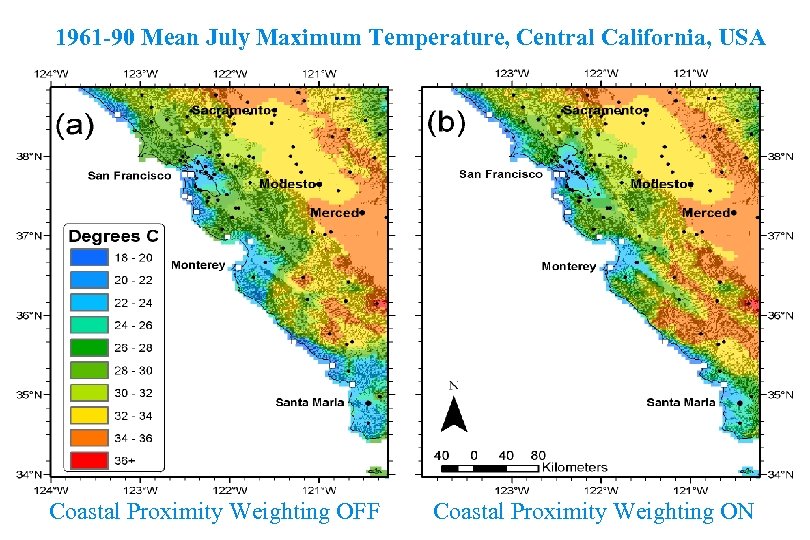 1961 -90 Mean July Maximum Temperature, Central California, USA Coastal Proximity Weighting OFF PRISM