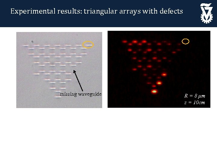 Experimental results: triangular arrays with defects missing waveguide R = 8 µm z =