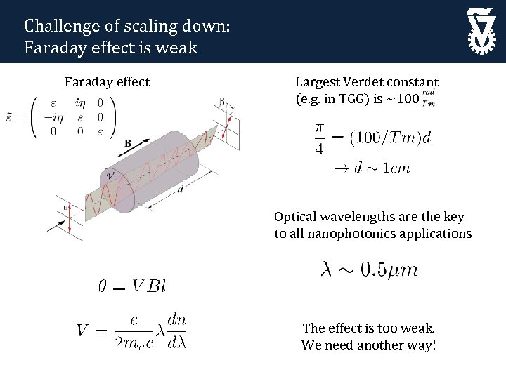 Challenge of scaling down: Faraday effect is weak Faraday effect Largest Verdet constant (e.