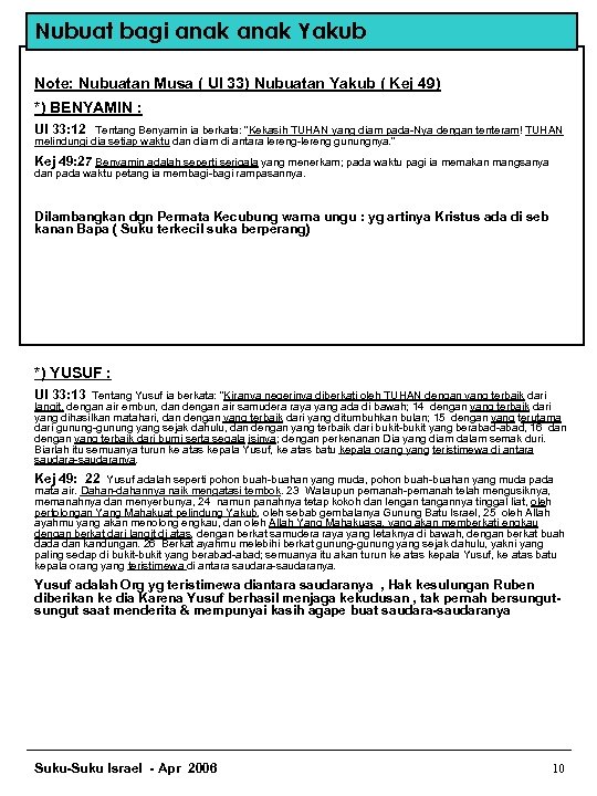 Nubuat bagi anak Yakub Note: Nubuatan Musa ( Ul 33) Nubuatan Yakub ( Kej
