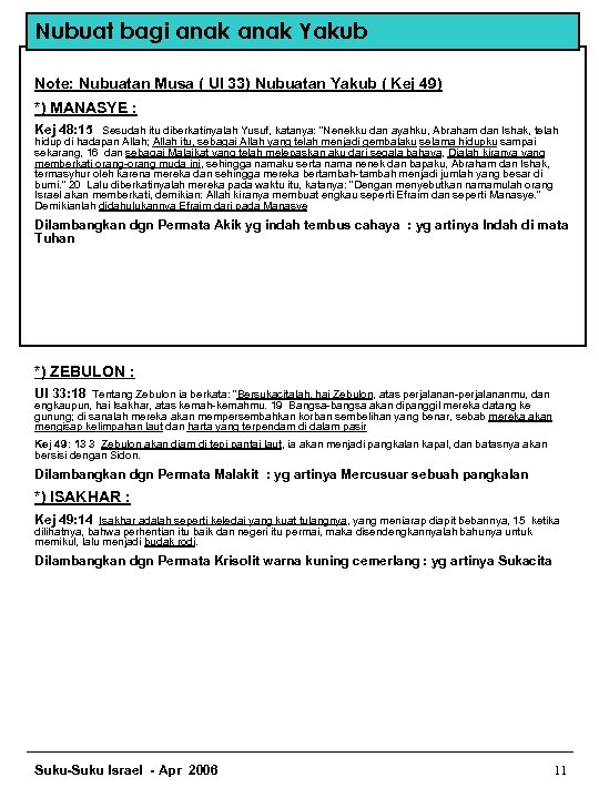 Nubuat bagi anak Yakub Note: Nubuatan Musa ( Ul 33) Nubuatan Yakub ( Kej
