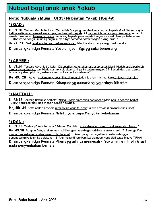 Nubuat bagi anak Yakub Note: Nubuatan Musa ( Ul 33) Nubuatan Yakub ( Kej