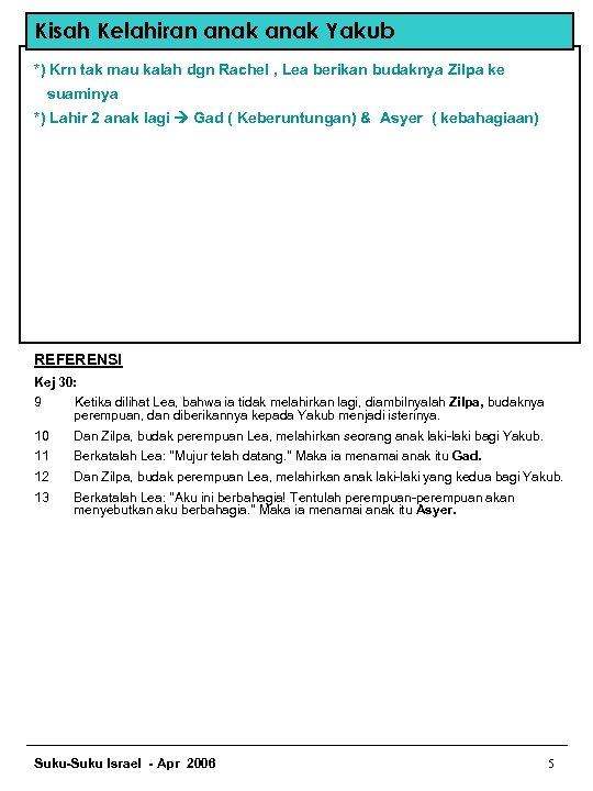 Kisah Kelahiran anak Yakub *) Krn tak mau kalah dgn Rachel , Lea berikan
