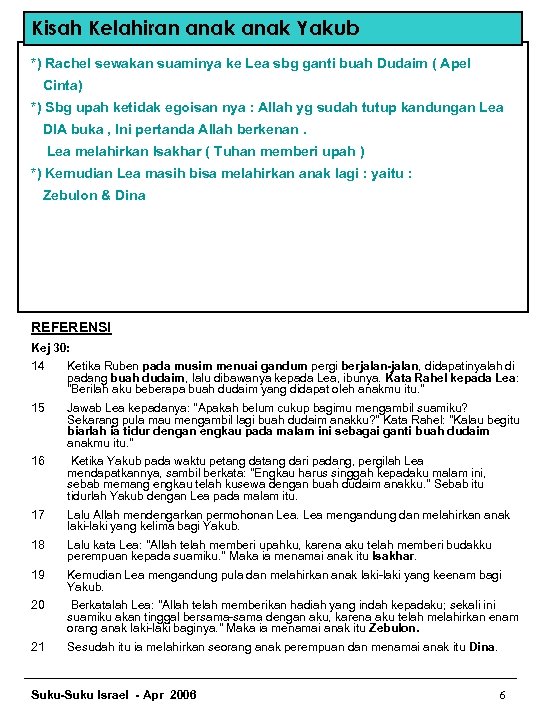 Kisah Kelahiran anak Yakub *) Rachel sewakan suaminya ke Lea sbg ganti buah Dudaim