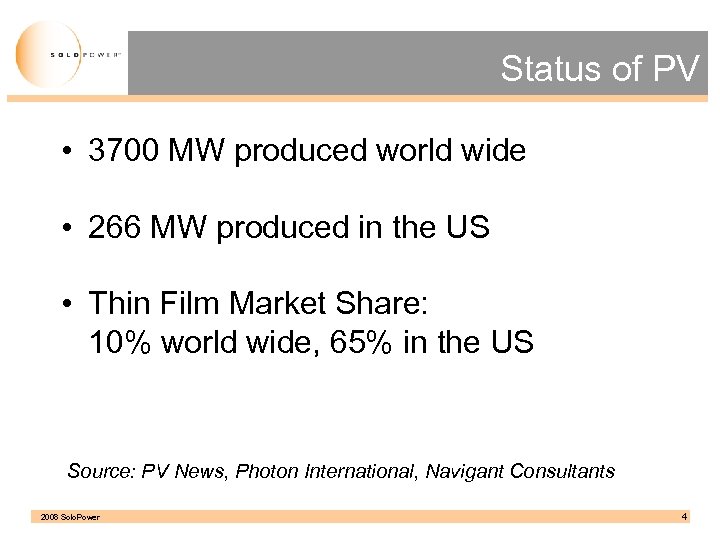 Status of PV • 3700 MW produced world wide • 266 MW produced in