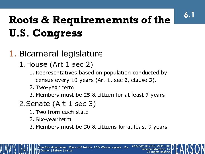 Roots & Requirememnts of the U. S. Congress 1. Bicameral legislature 1. House (Art