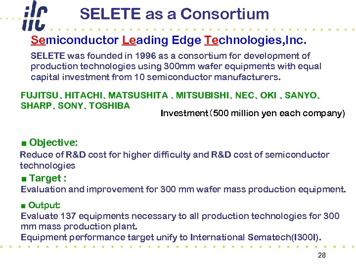 SELETE as a Consortium Semiconductor Leading Edge Technologies, Inc. SELETE was founded in 1996