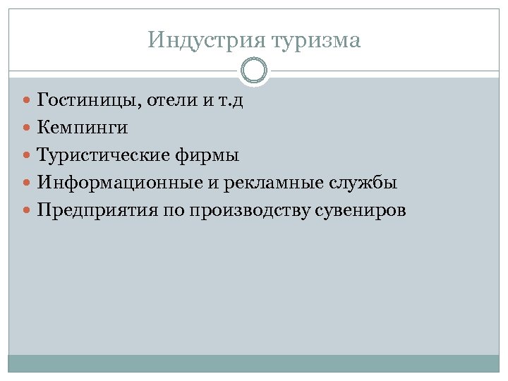 Индустрия туризма Гостиницы, отели и т. д Кемпинги Туристические фирмы Информационные и рекламные службы