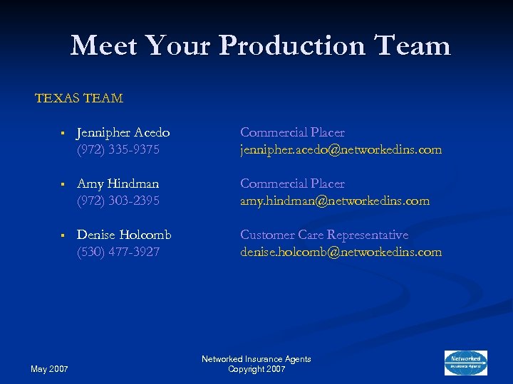 Meet Your Production Team TEXAS TEAM § Jennipher Acedo (972) 335 -9375 Commercial Placer