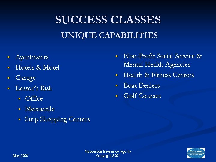 SUCCESS CLASSES UNIQUE CAPABILITIES § § Apartments Hotels & Motel Garage Lessor’s Risk §