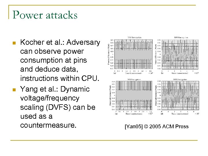 Power attacks n n Kocher et al. : Adversary can observe power consumption at