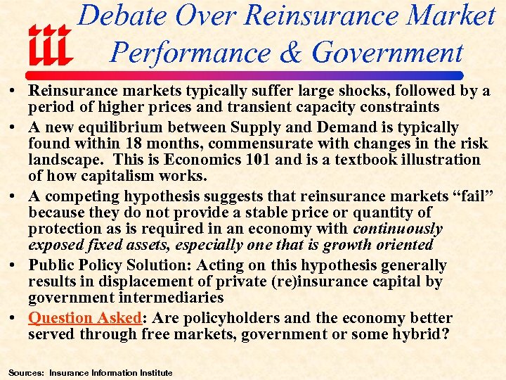 Debate Over Reinsurance Market Performance & Government • Reinsurance markets typically suffer large shocks,