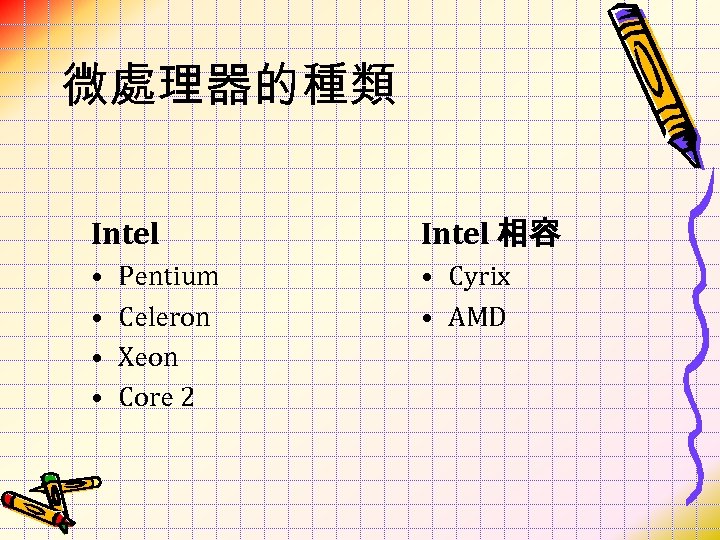 微處理器的種類 Intel 相容 • • • Cyrix • AMD Pentium Celeron Xeon Core 2