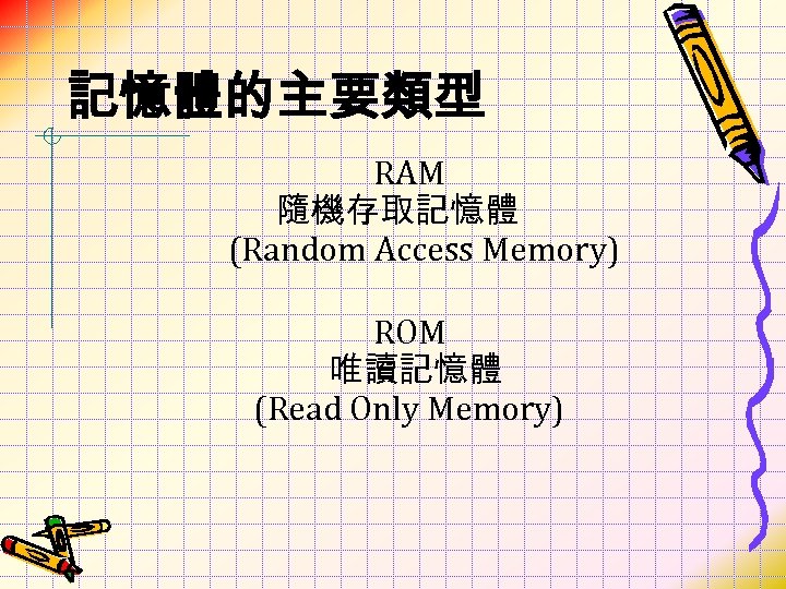 記憶體的主要類型 RAM 隨機存取記憶體 (Random Access Memory) ROM 唯讀記憶體 (Read Only Memory) 