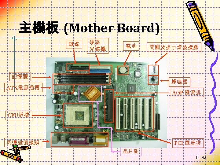 主機板 (Mother Board) 軟碟 硬碟 光碟機 電池 記憶體 開關及提示燈號接腳 蜂鳴器 ATX電源插槽 AGP 匯流排 CPU插槽