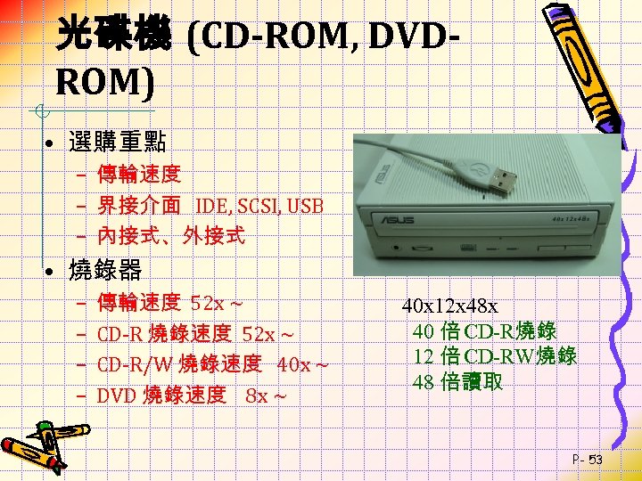 光碟機 (CD-ROM, DVDROM) • 選購重點 – 傳輸速度 – 界接介面 IDE, SCSI, USB – 內接式、外接式