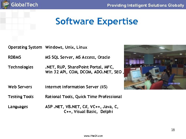 Global. Tech Providing Intelligent Solutions Globally Software Expertise Operating System Windows, Unix, Linux RDBMS