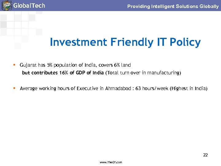 Global. Tech Providing Intelligent Solutions Globally Investment Friendly IT Policy § Gujarat has 5%