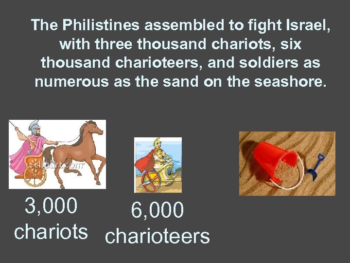 The Philistines assembled to fight Israel, with three thousand chariots, six thousand charioteers, and