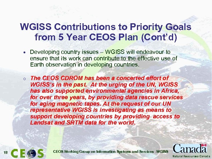 WGISS Contributions to Priority Goals from 5 Year CEOS Plan (Cont’d) · o 18