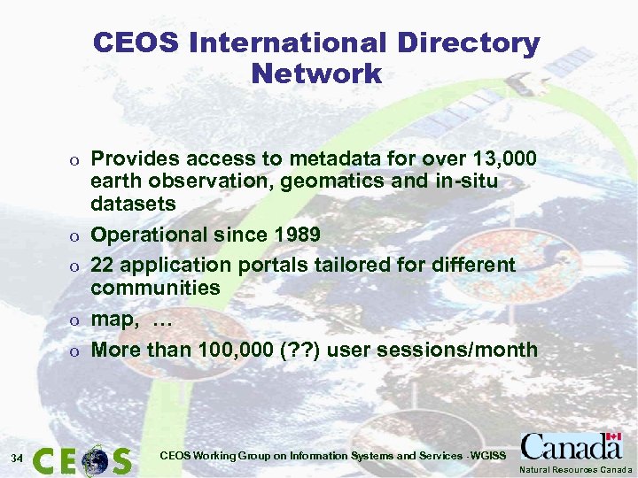 CEOS International Directory Network o o o 34 Provides access to metadata for over