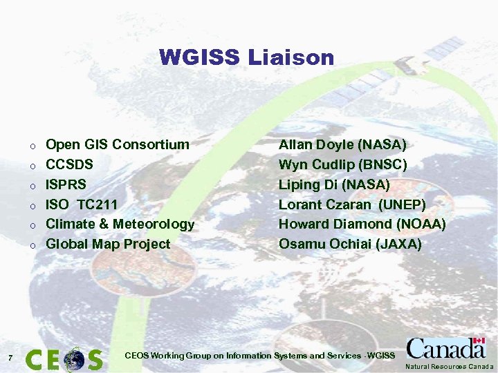 WGISS Liaison o o o 7 Open GIS Consortium CCSDS ISPRS ISO TC 211