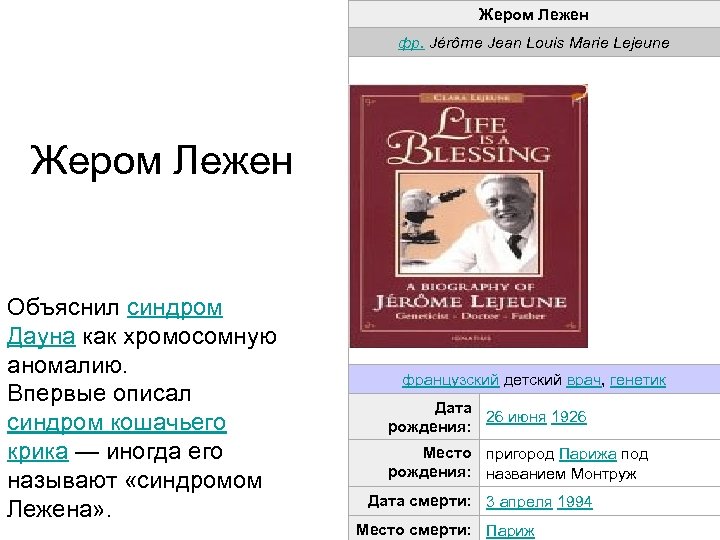 Жером Лежен фр. Jérôme Jean Louis Marie Lejeune Жером Лежен Объяснил синдром Дауна как