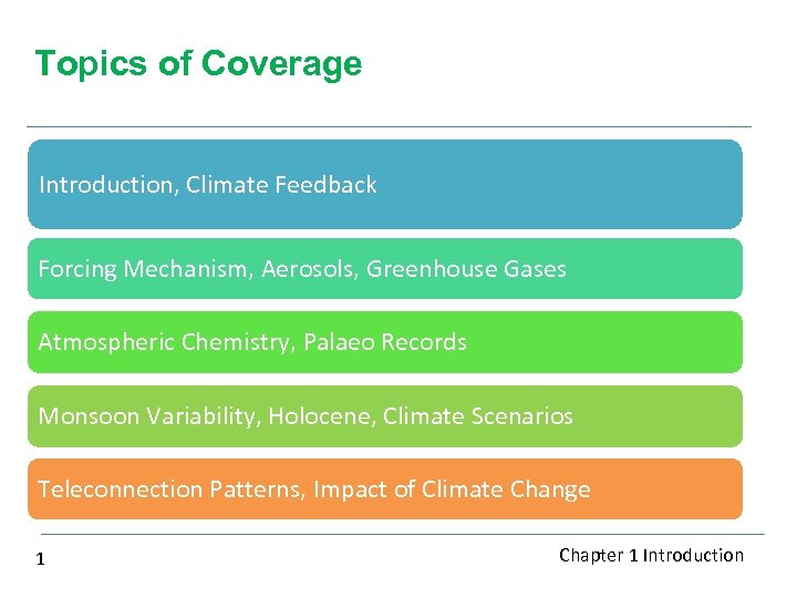 Topics of Coverage Introduction, Climate Feedback Forcing Mechanism, Aerosols, Greenhouse Gases Atmospheric Chemistry, Palaeo