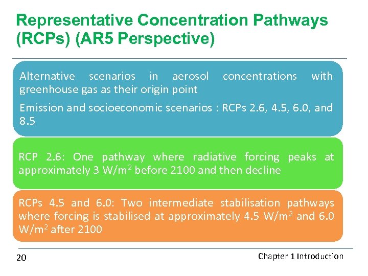 Representative Concentration Pathways (RCPs) (AR 5 Perspective) Alternative scenarios in aerosol concentrations with greenhouse