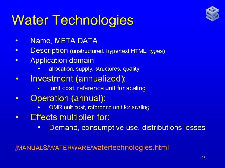 Water Technologies • • • Name, META DATA Description (unstructured, hypertext HTML, types) Application