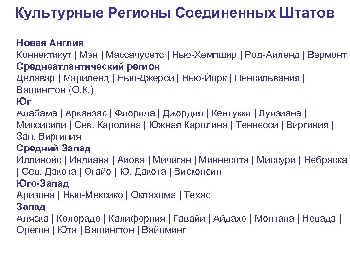 Культурные Регионы Соединенных Штатов Новая Англия Коннектикут | Мэн | Массачусетс | Нью-Хемпшир |