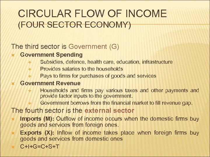 CIRCULAR FLOW OF INCOME (FOUR SECTOR ECONOMY) The third sector is Government (G) Government