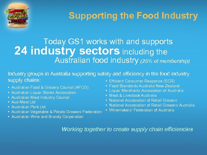 Supporting the Food Industry Today GS 1 works with and supports 24 industry sectors