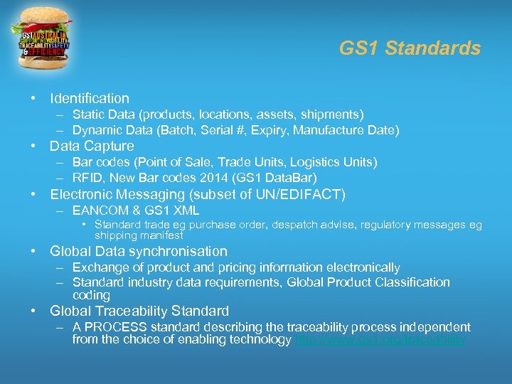 GS 1 Standards • Identification – Static Data (products, locations, assets, shipments) – Dynamic
