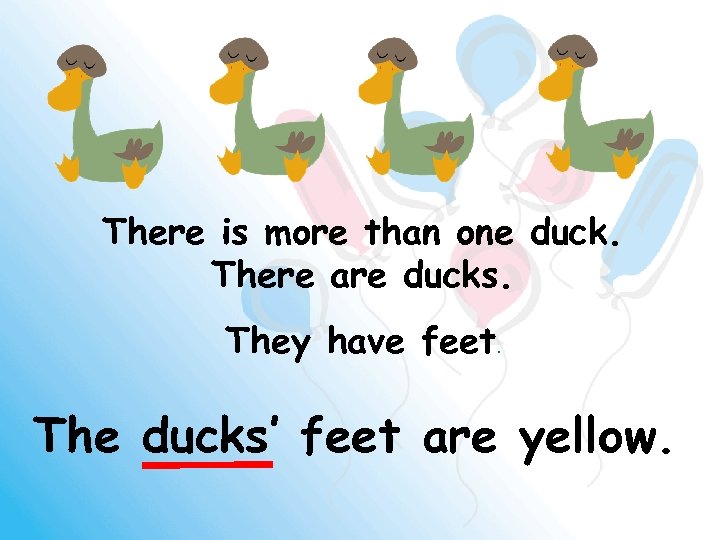 There is more than one duck. There are ducks. They have feet. The ducks’