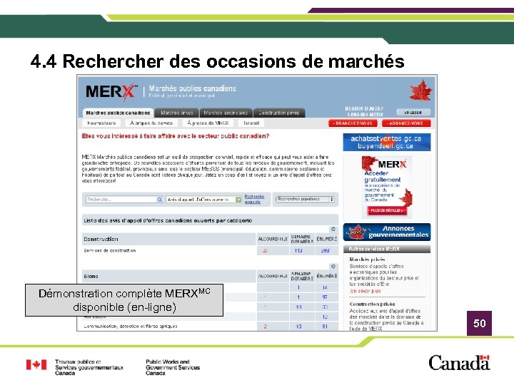 4. 4 Recher des occasions de marchés Démonstration complète MERXMC disponible (en-ligne) 50 