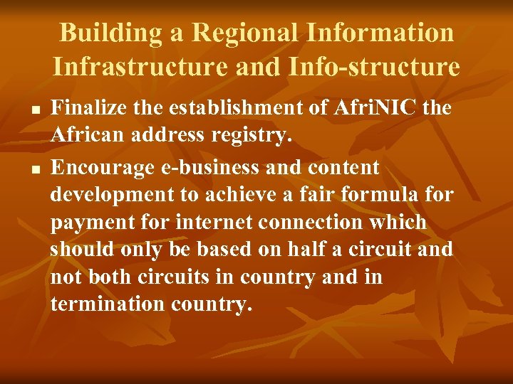 Building a Regional Information Infrastructure and Info-structure n n Finalize the establishment of Afri.