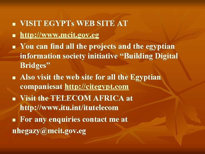 VISIT EGYPTs WEB SITE AT n http: //www. mcit. gov. eg n You can