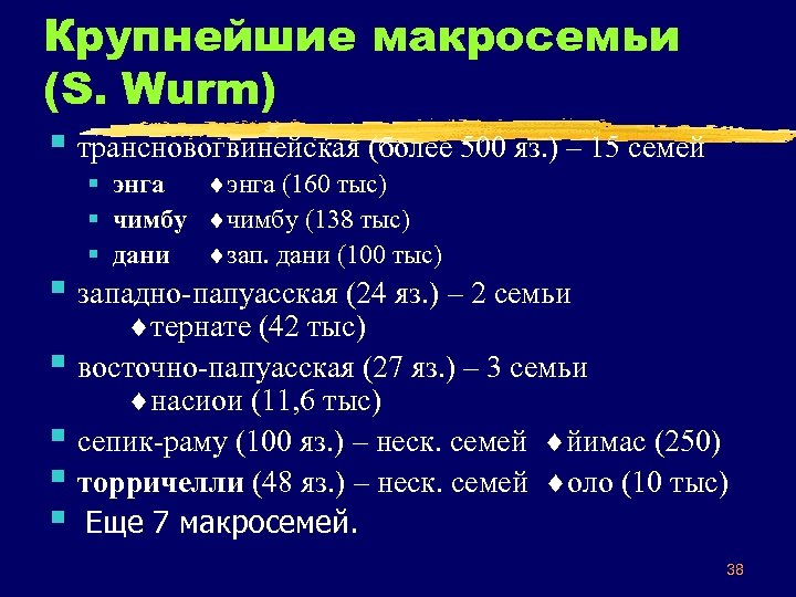 Крупнейшие макросемьи (S. Wurm) § трансновогвинейская (более 500 яз. ) – 15 семей §