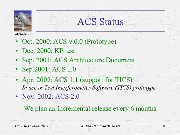 ACS Status ALMA Project • • • Oct. 2000: ACS v. 0. 0 (Prototype)