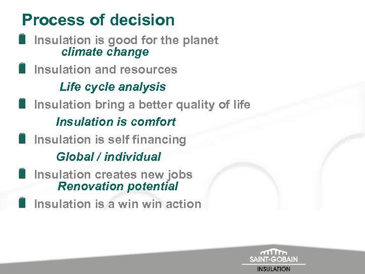 Process of decision Insulation is good for the planet climate change Insulation and resources