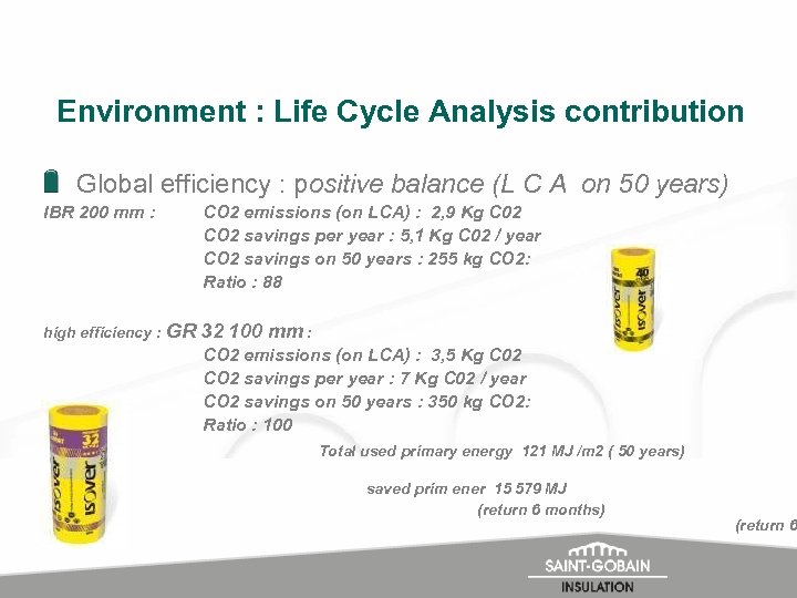 Environment : Life Cycle Analysis contribution Global efficiency : positive balance (L C A